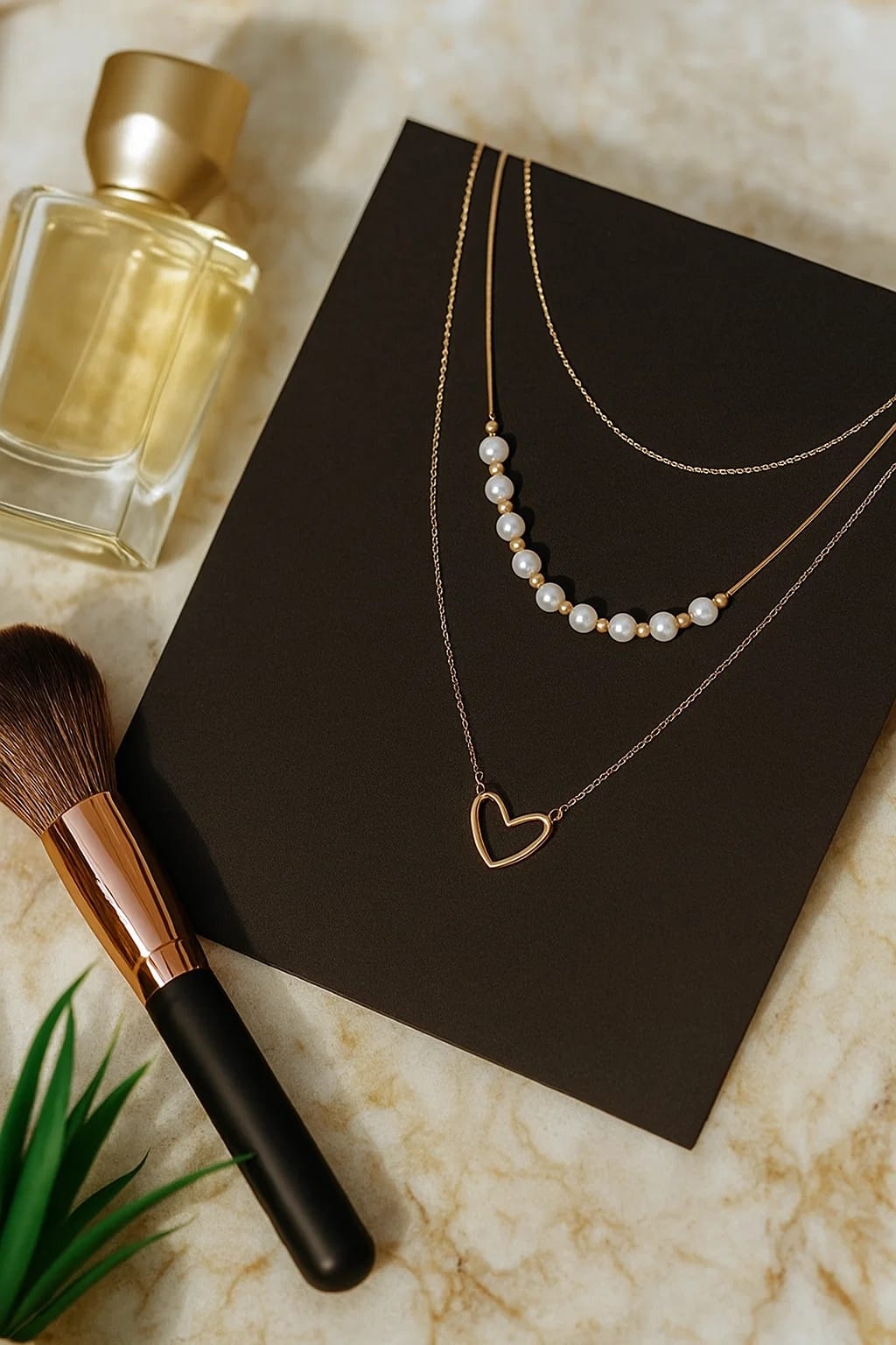 Stainless Steel Necklace with Faux Pearls & Heart Charm