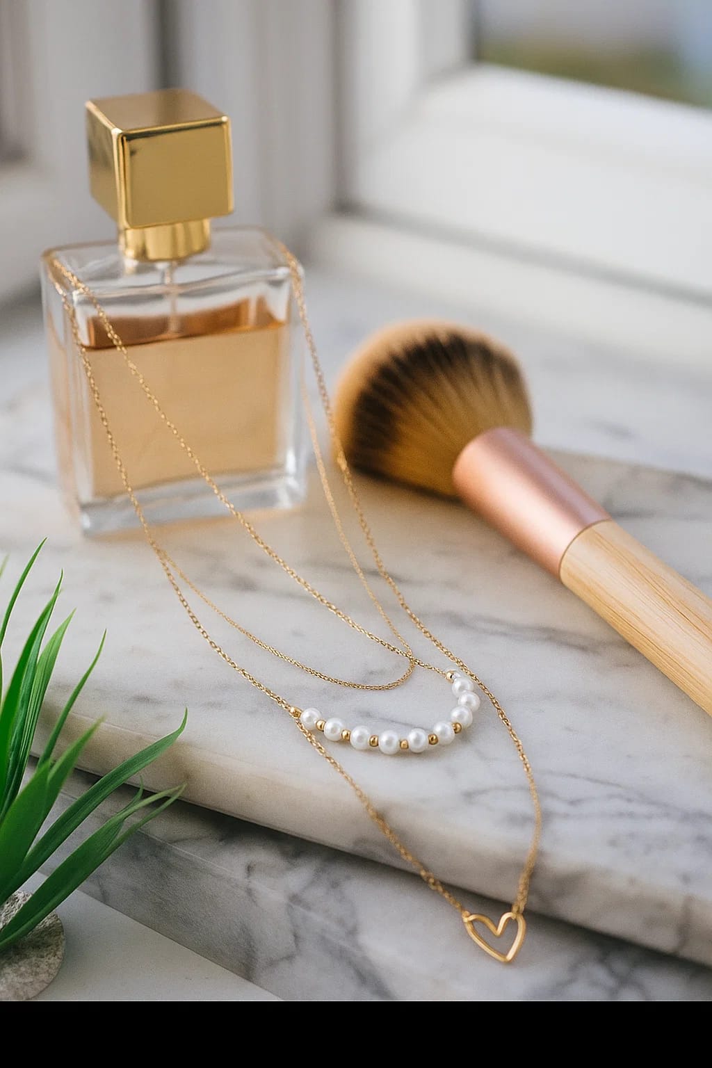 Stainless Steel Necklace with Faux Pearls & Heart Charm