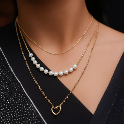 Stainless Steel Necklace with Faux Pearls & Heart Charm