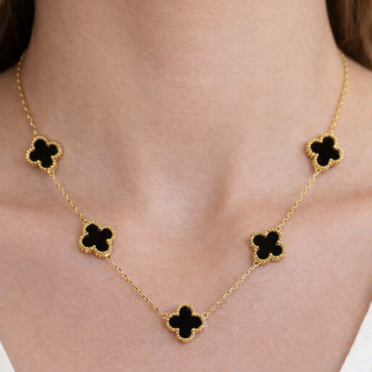 Elegant Black Onyx-Style 5-Motif Clover Necklace