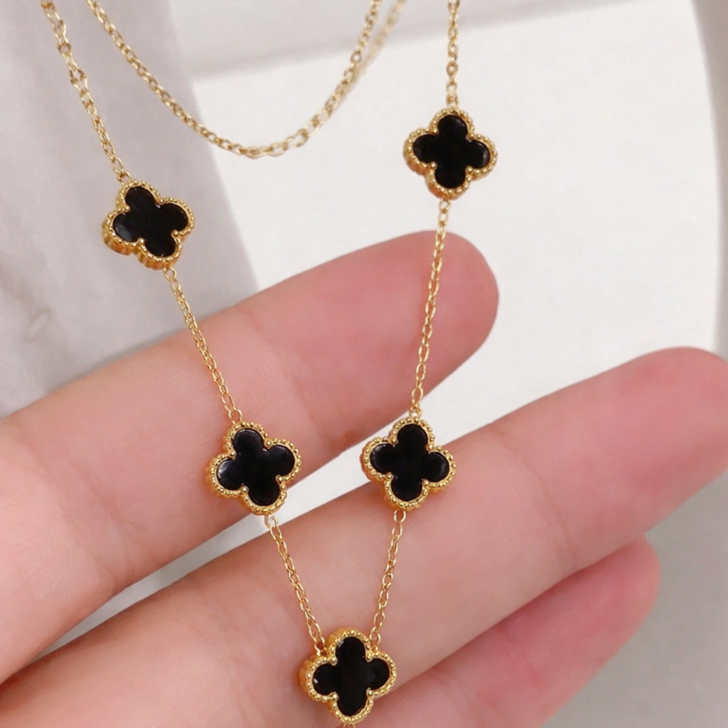 Elegant Black Onyx-Style 5-Motif Clover Necklace