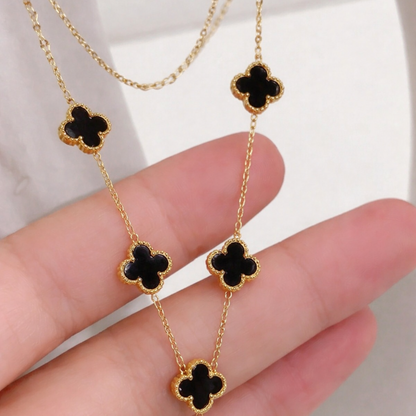 Elegant Black Onyx-Style 5-Motif Clover Necklace