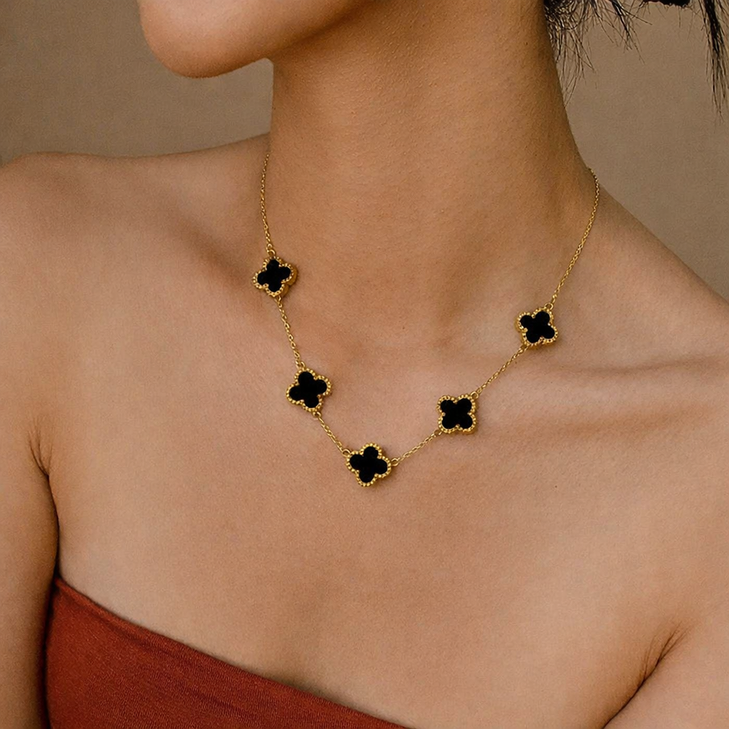 Elegant Black Onyx-Style 5-Motif Clover Necklace