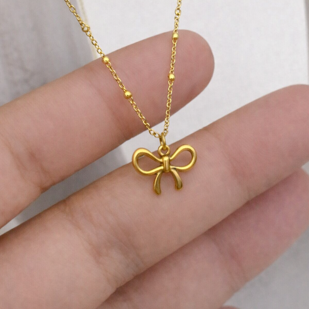 Minimalist Ribbon Charm Necklace with Beaded Satellite Chain