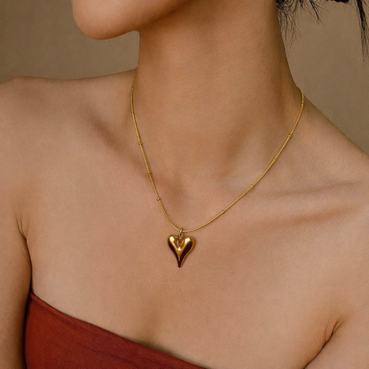 Heart Pendant Necklace with Snake Chain and with Gold Beads