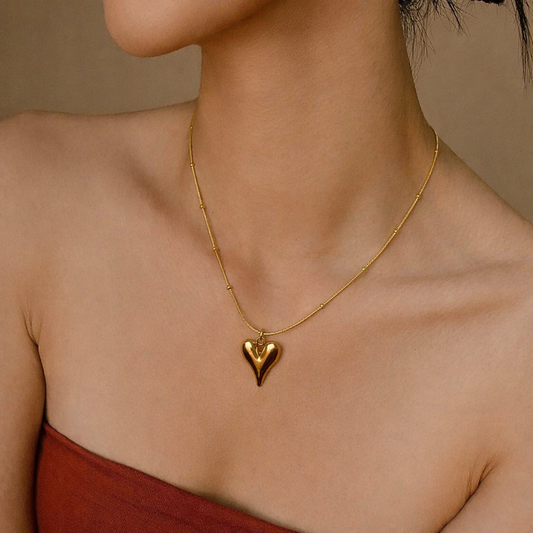 Heart Pendant Necklace with Snake Chain and with Gold Beads