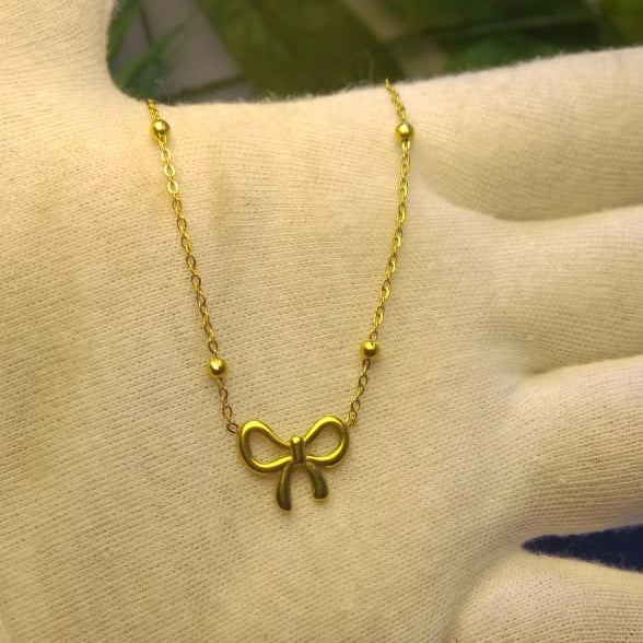 Minimalist Ribbon Charm Necklace with Beaded Satellite Chain