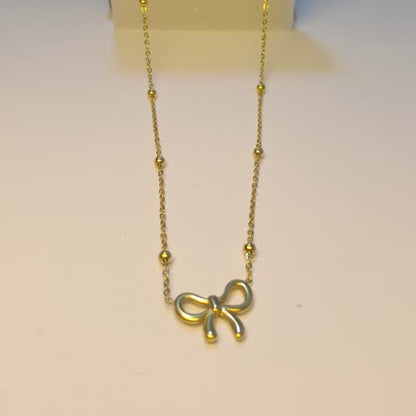 Minimalist Ribbon Charm Necklace with Beaded Satellite Chain