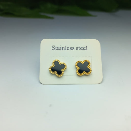 Elegant Black Four-Leaf Clover Stud Earrings