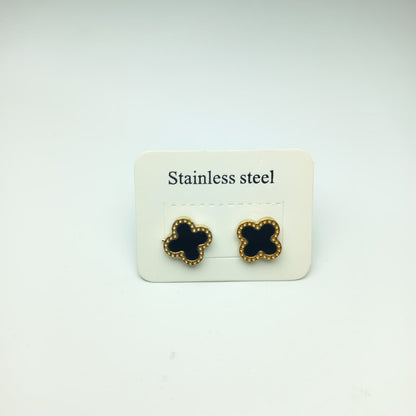 Elegant Black Four-Leaf Clover Stud Earrings