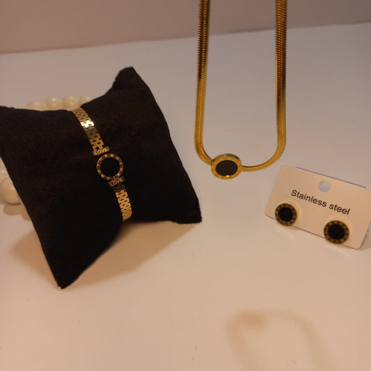 Steel Necklace, Bracelet & Earrings - Black 3-Piece Set for Women