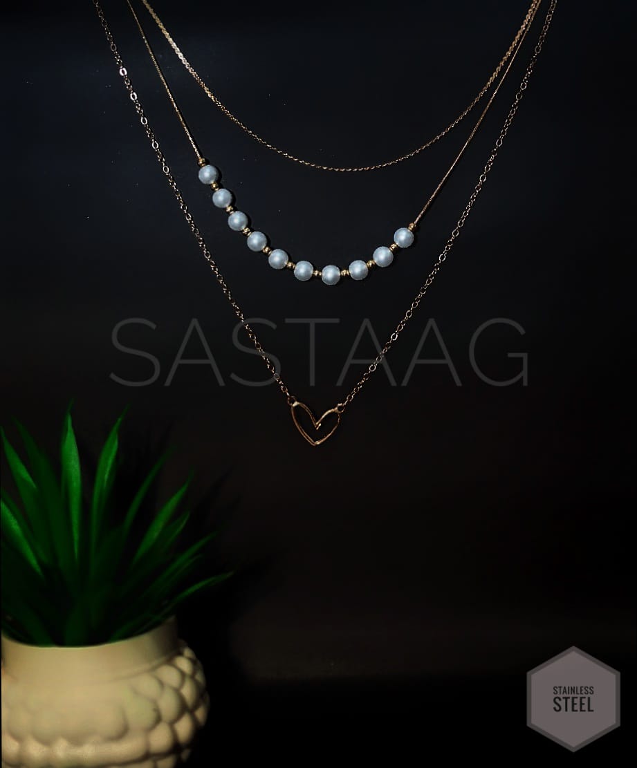 Stainless Steel Necklace with Faux Pearls & Heart Charm