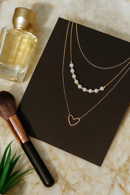 Stainless Steel Necklace with Faux Pearls & Heart Charm