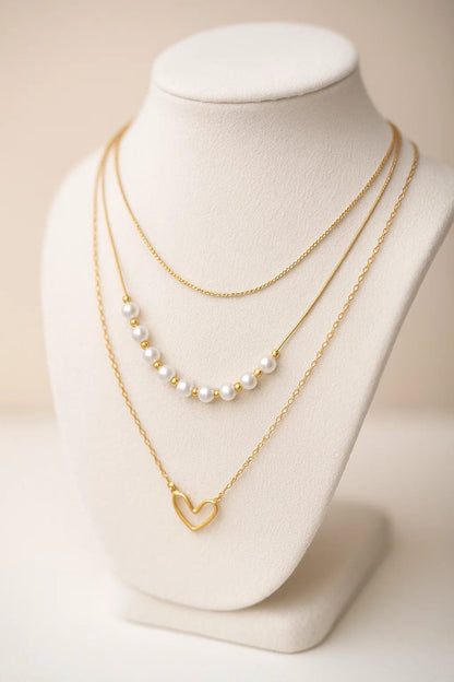 Stainless Steel Necklace with Faux Pearls & Heart Charm